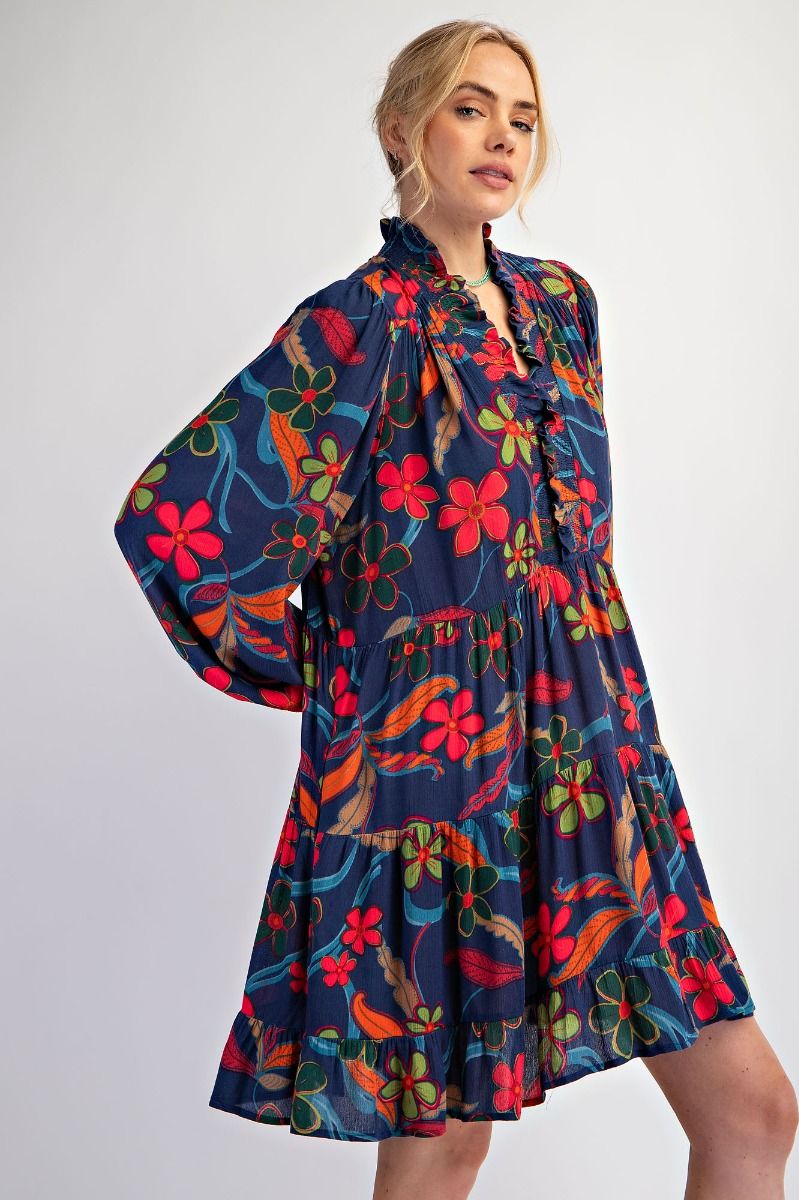 Floral Printed Rayon Long Sleeve Tiered Dress