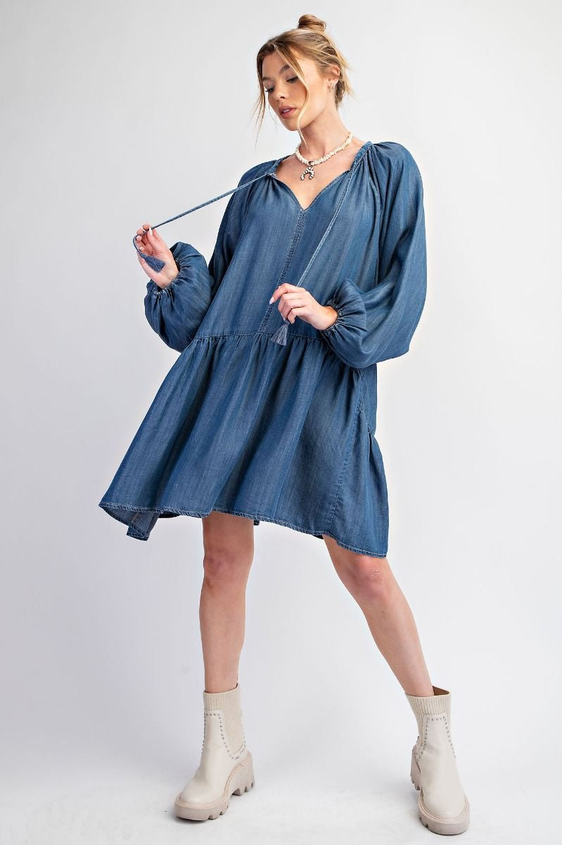 Washed Denim Tiered Long Sleeve Dress