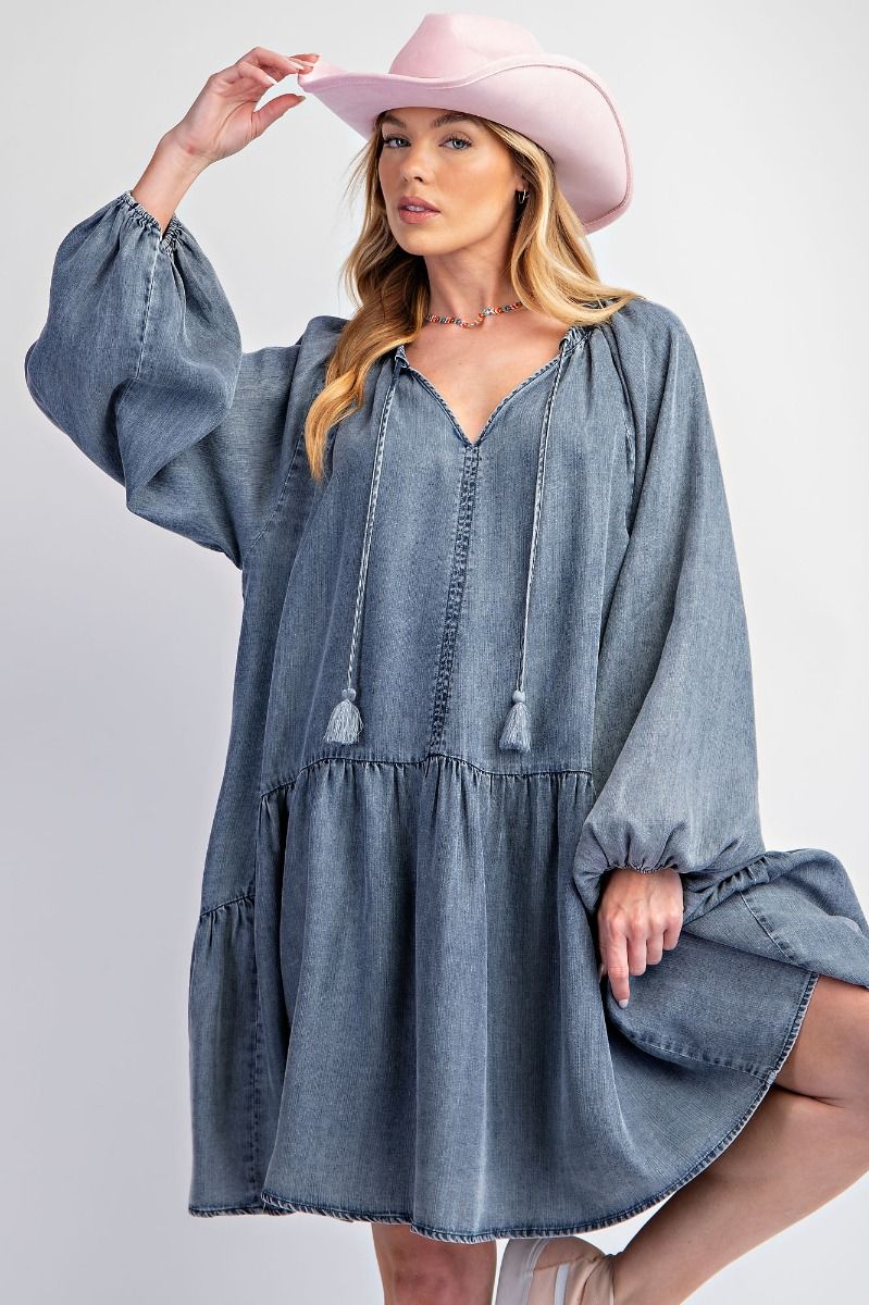 Washed Denim Tiered Long Sleeve Dress