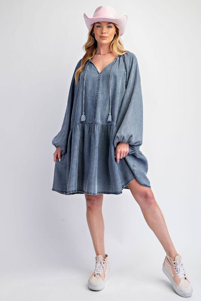 Washed Denim Tiered Long Sleeve Dress