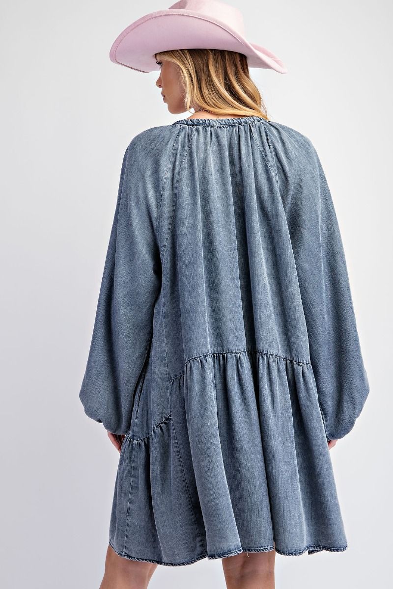 Washed Denim Tiered Long Sleeve Dress