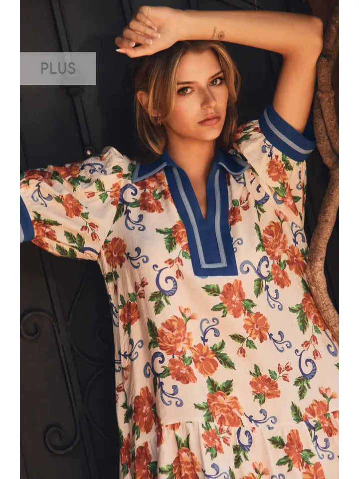 Floral Tiered Blue Trim Dress