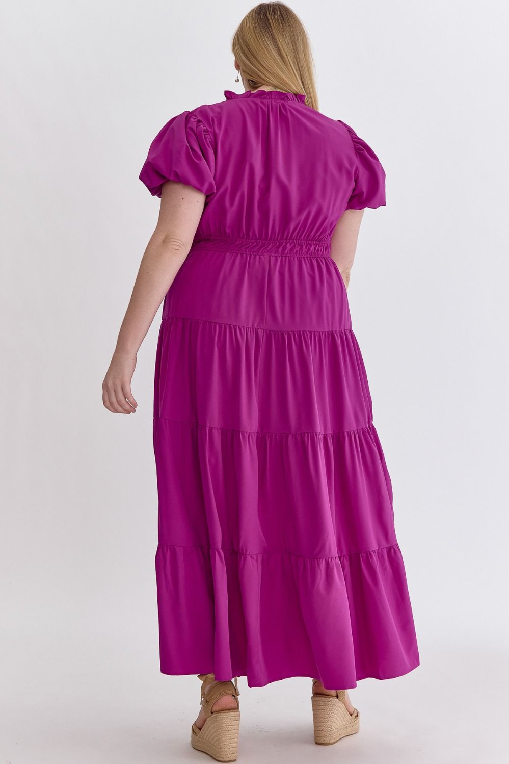 V-Neck Bubble Sleeve Cinched Waist Midi Dress