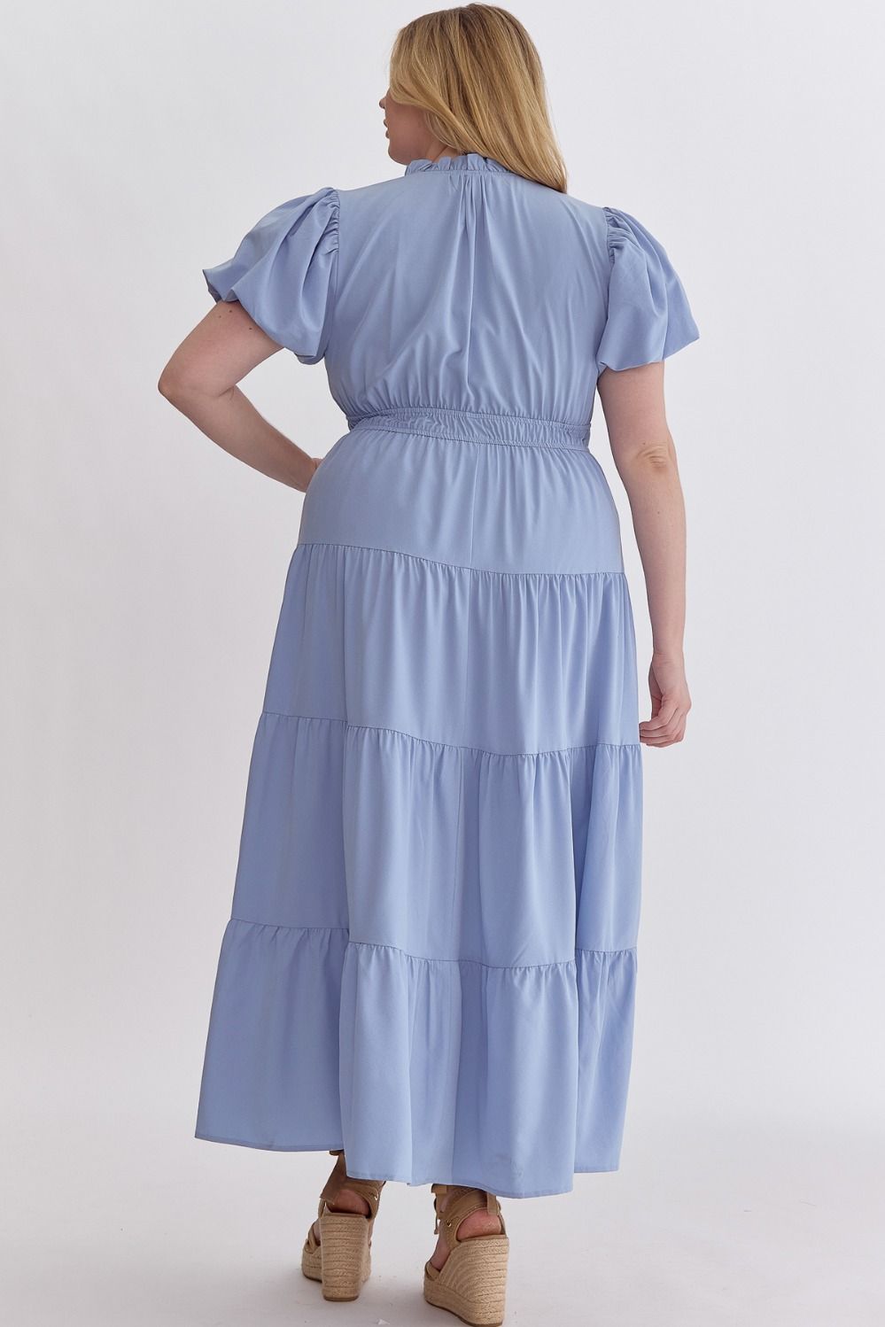 V-Neck Bubble Sleeve Cinched Waist Midi Dress