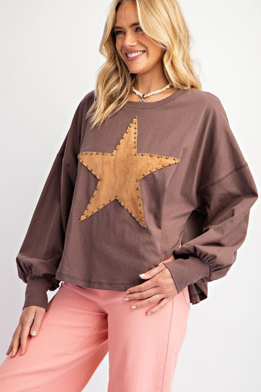 Cocoa Suede Patch Star Long Sleeve Top