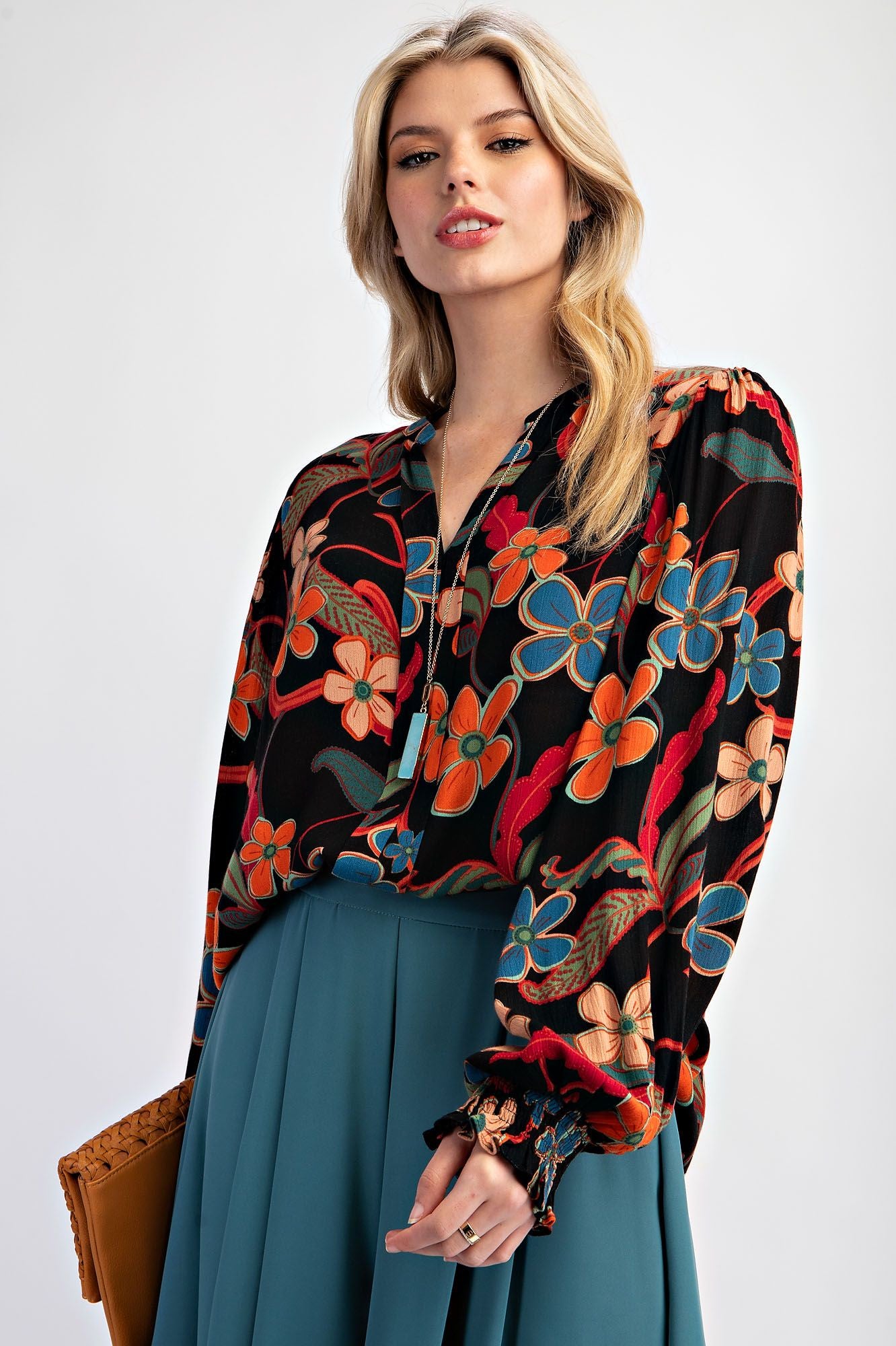 LS Flower Print V-Neck Blouse