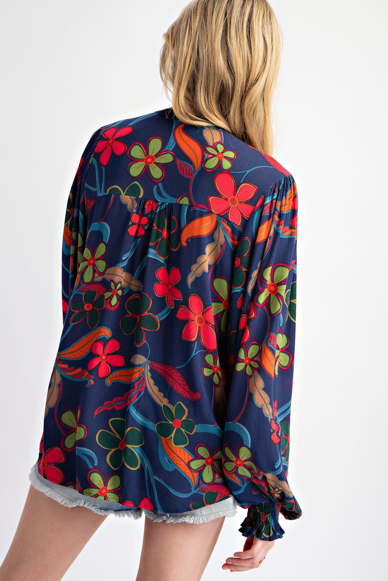 LS Flower Print V-Neck Blouse