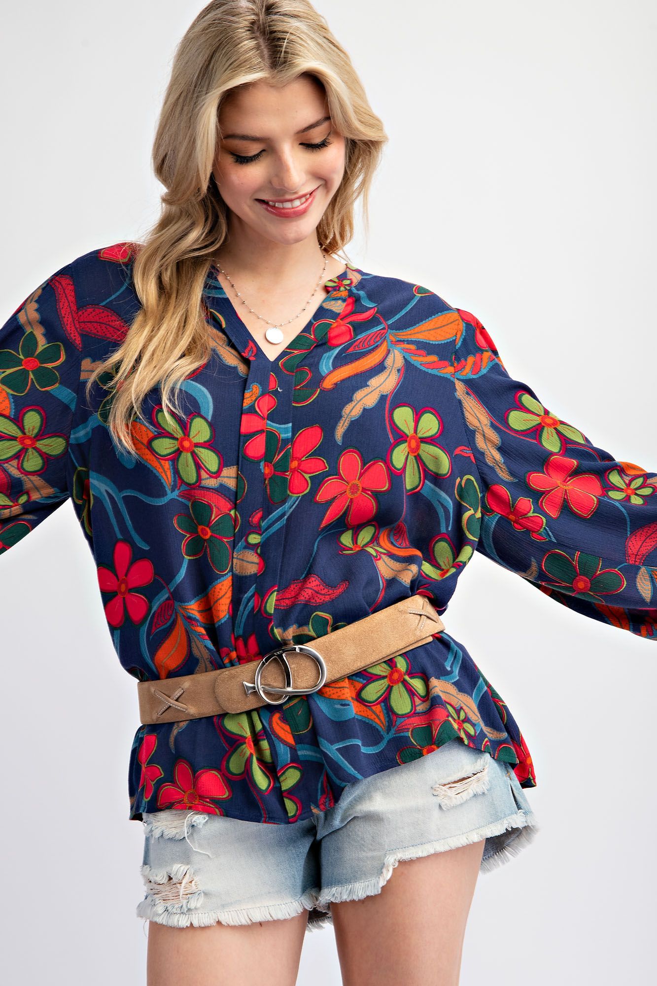 LS Flower Print V-Neck Blouse