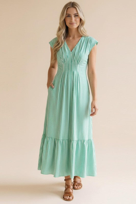 Pleated Smocked Stripe Maxi Dress