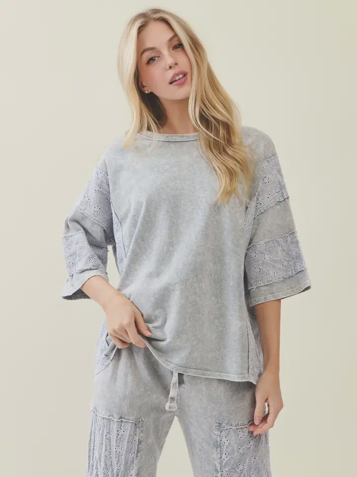 Mineral Washed Eyelet Lace Top
