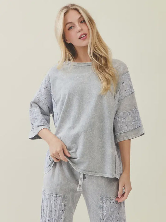 Mineral Washed Eyelet Lace Top