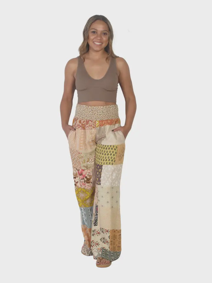 Patchwork Rayon Beige Pants