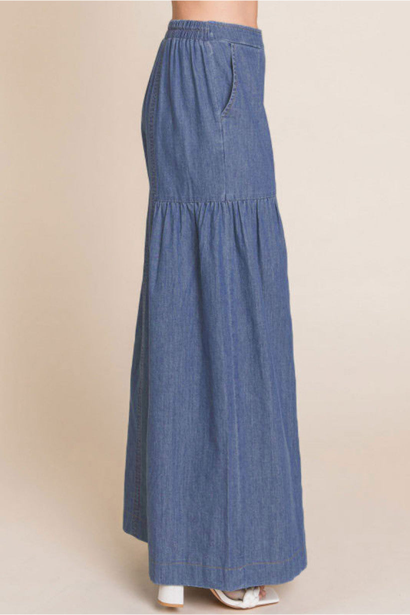 Denim Palazzo Pants w/ Stretch Back Waistline