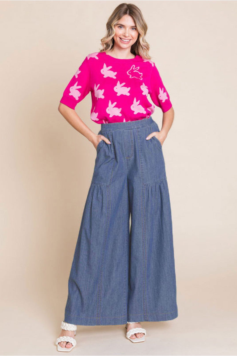 Denim Palazzo Pants w/ Stretch Back Waistline