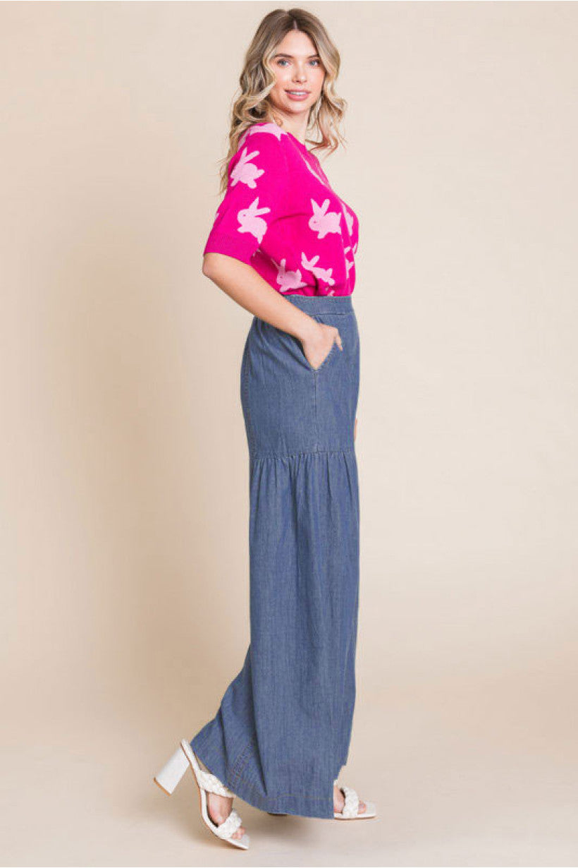 Denim Palazzo Pants w/ Stretch Back Waistline