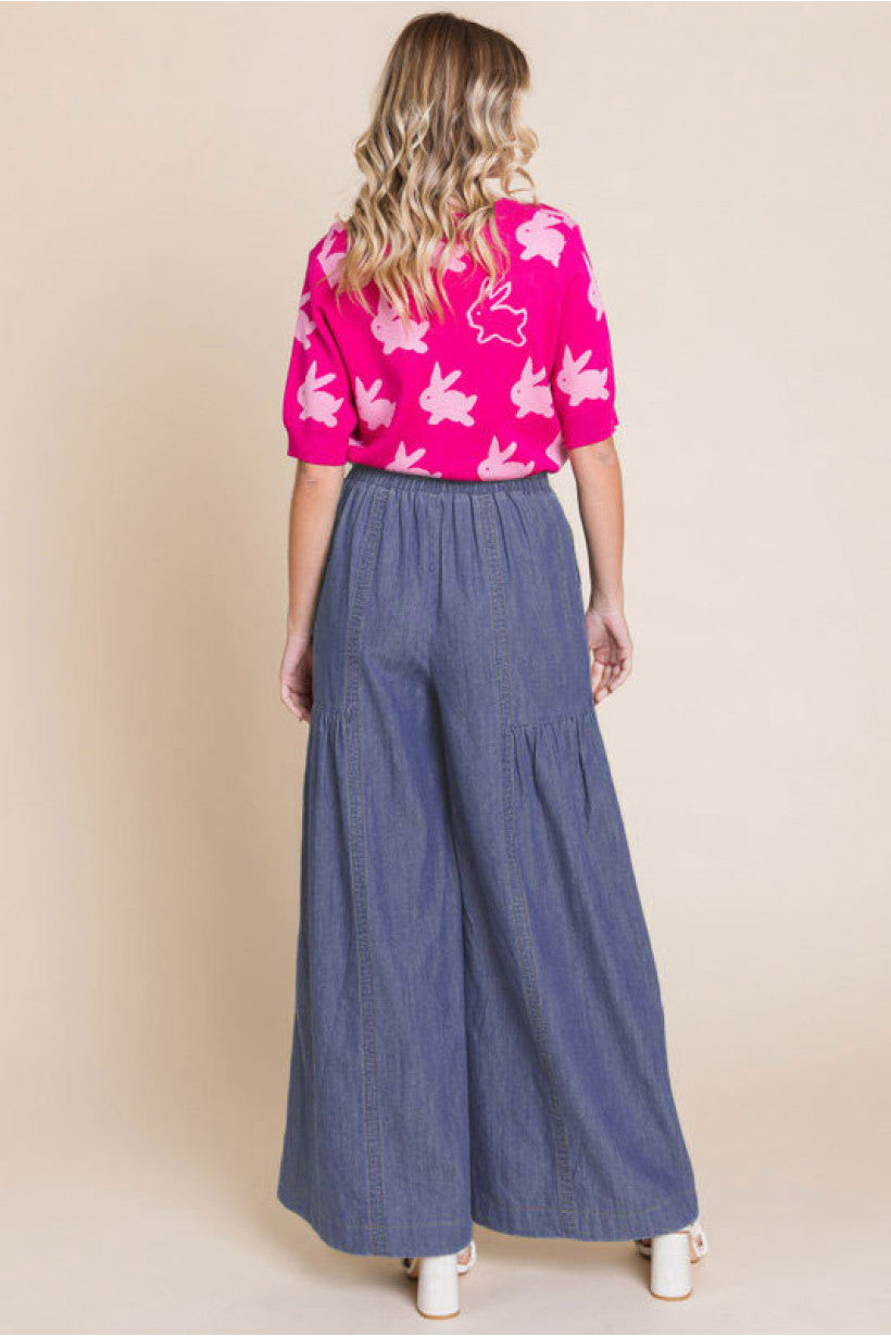 Denim Palazzo Pants w/ Stretch Back Waistline