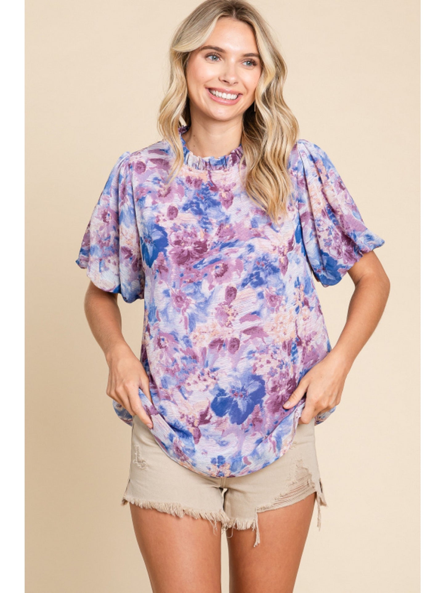 Floral Frill Neck Watercolor Blouse