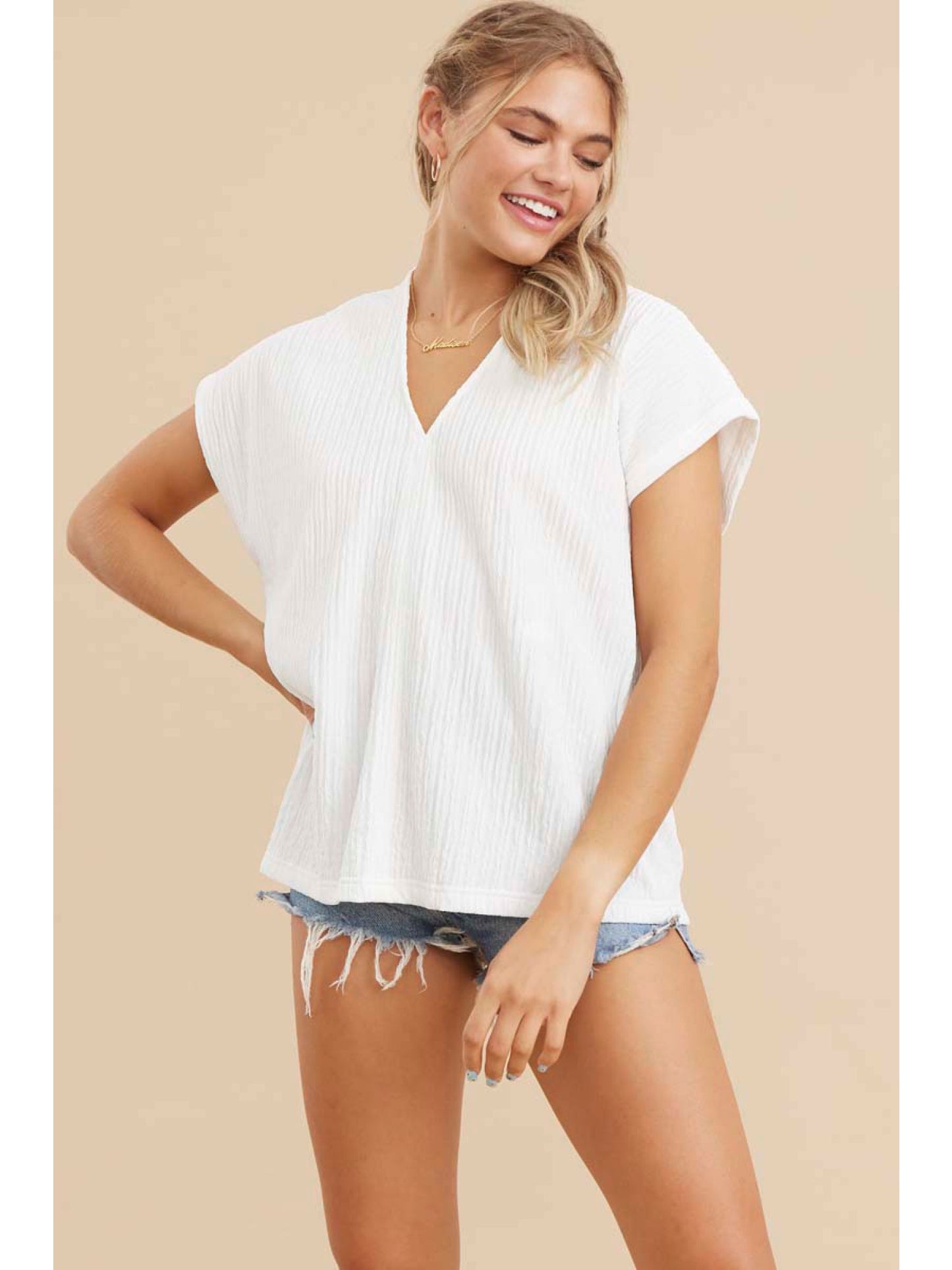 Textured V-Neck Blouse w/ Dolman Sleeve