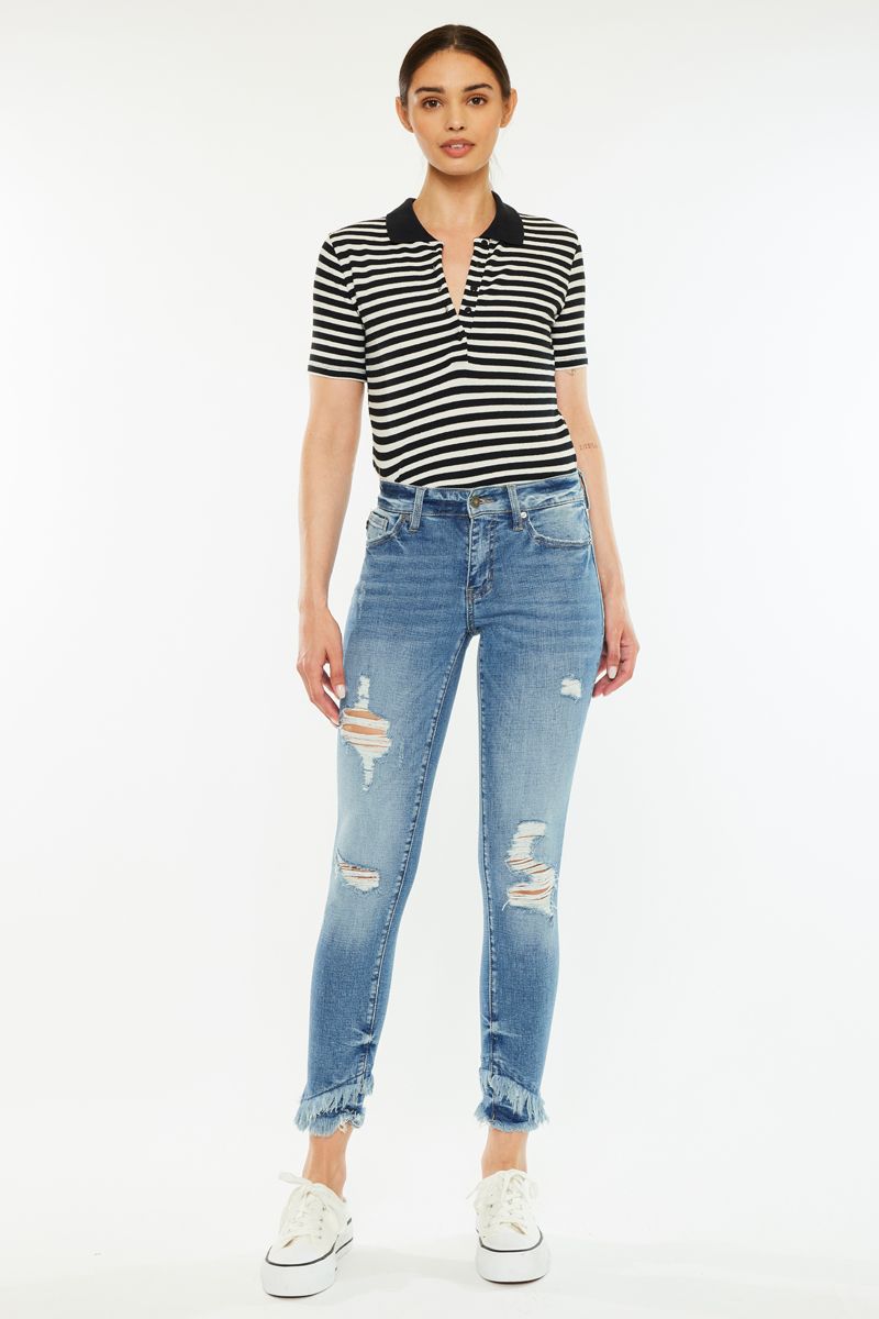 Mid Rise Double Frayed Hem Ankle Skinny Jean