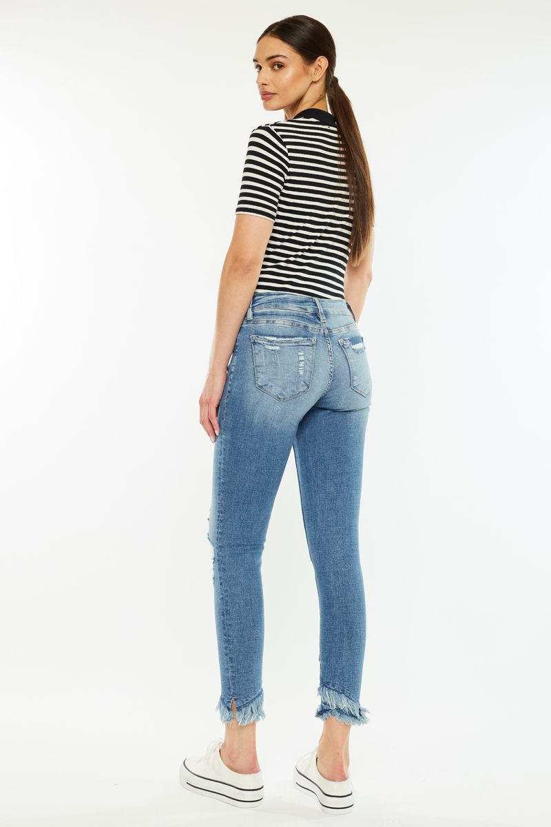 Mid Rise Double Frayed Hem Ankle Skinny Jean
