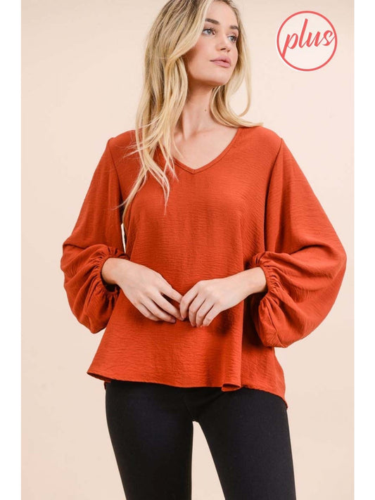 Rust V-Neck Bubble Sleeve Blouse