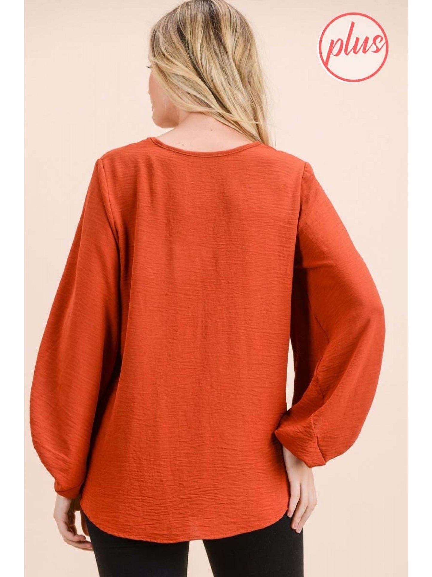 Rust V-Neck Bubble Sleeve Blouse