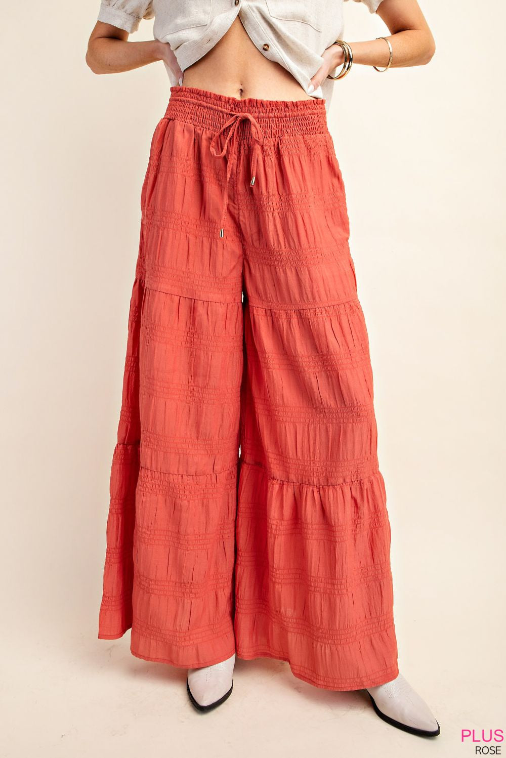 Plus Flowy Smocked waist tiered wide leg pants