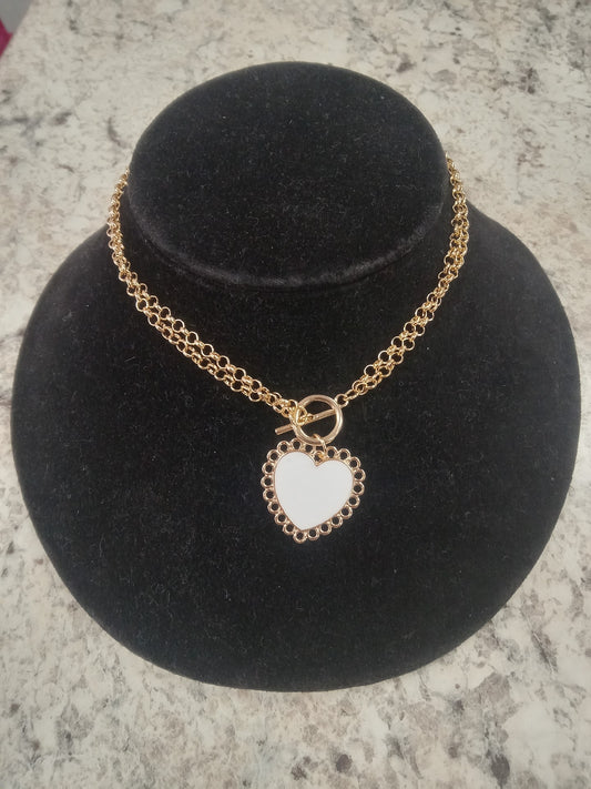 White & Gold Heart Double Chain Necklace