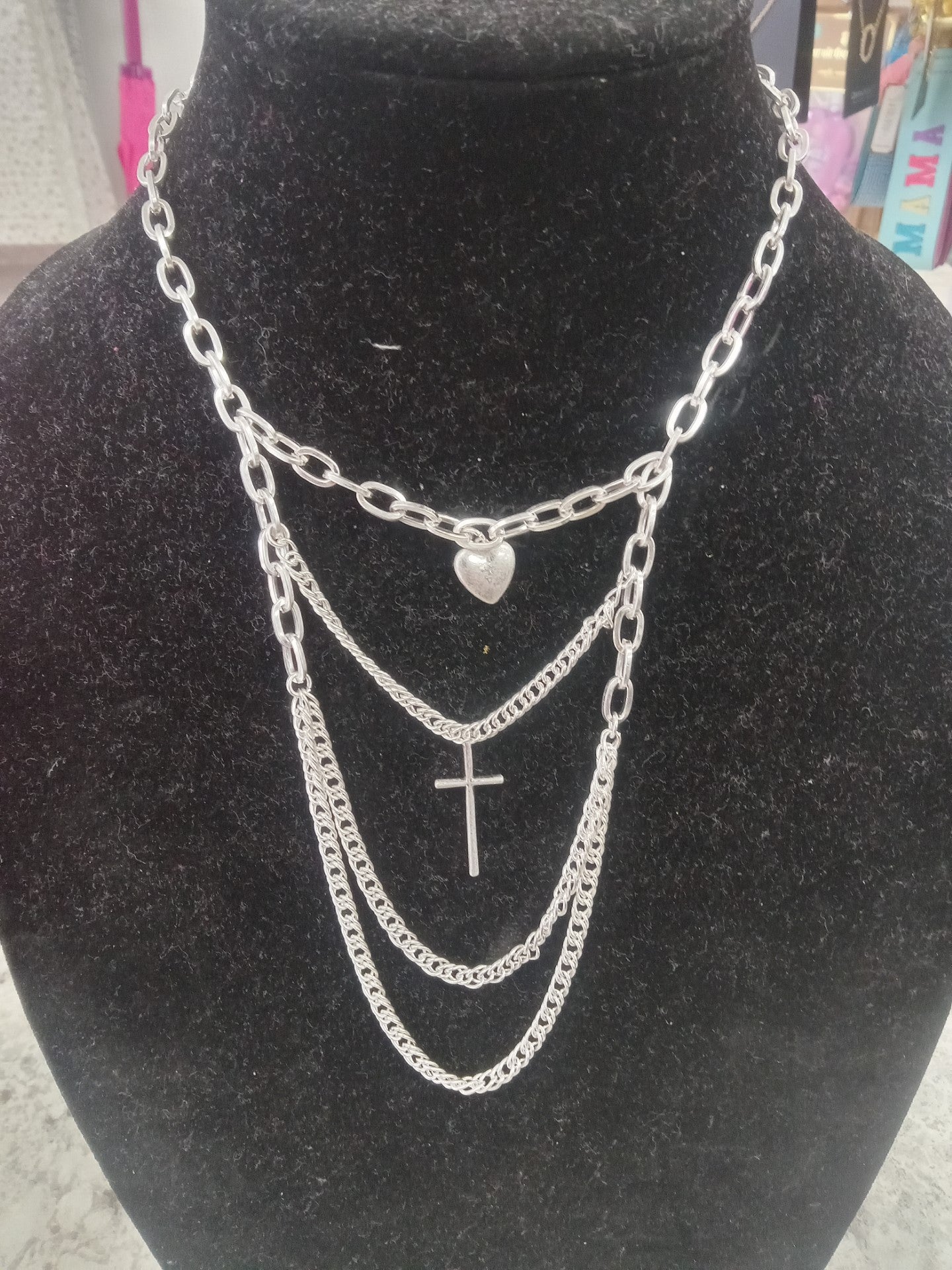 Heart & Cross Silver Layer Necklace