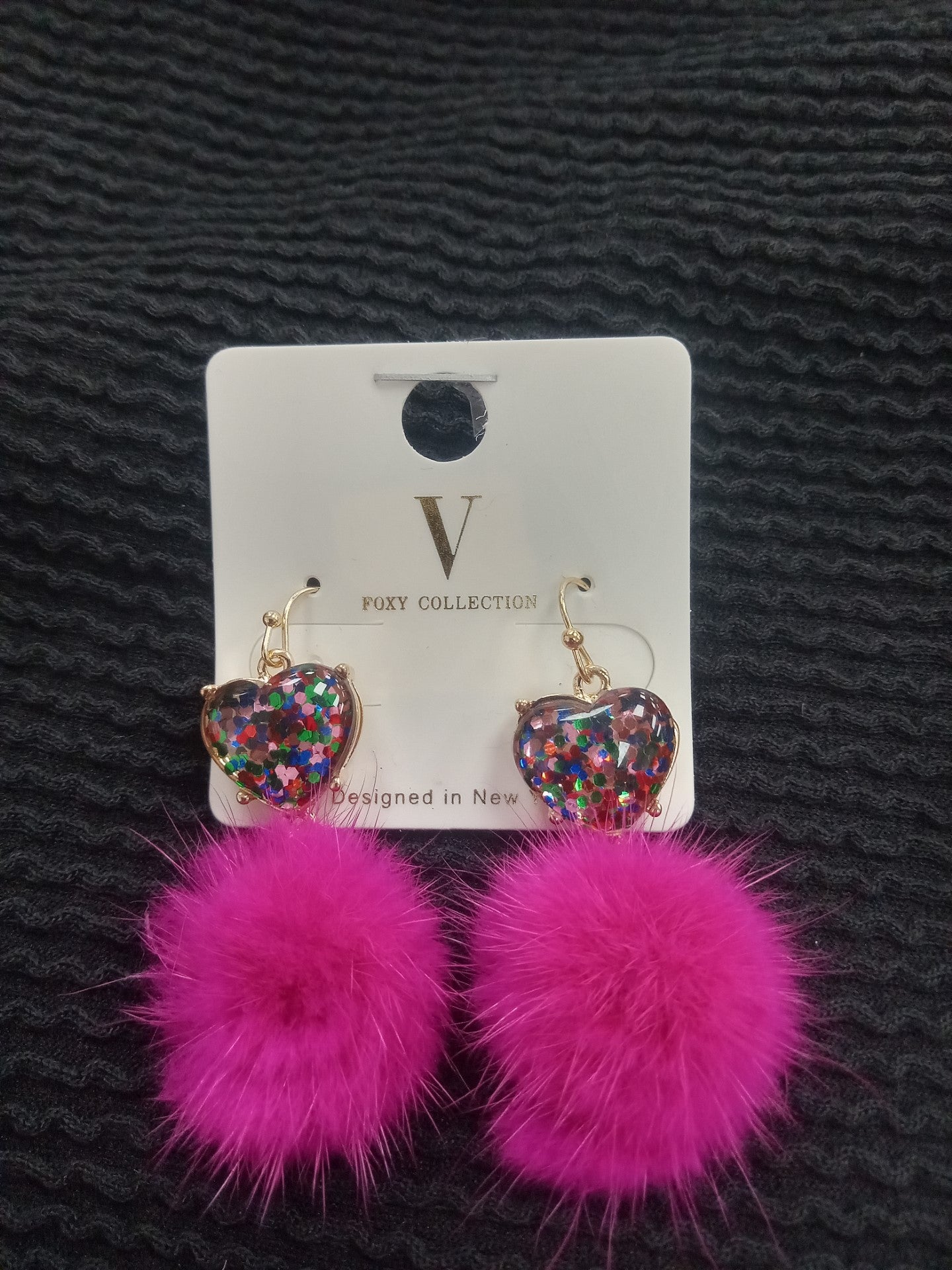 Glitter Heart w/ Pom Pom Earrings