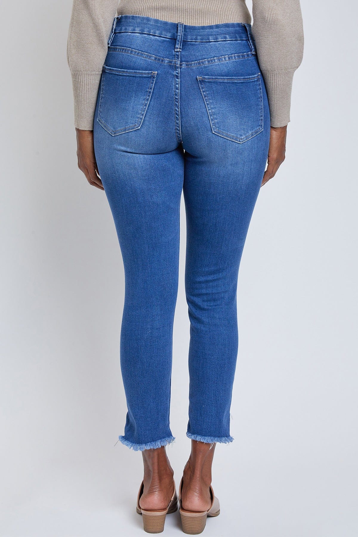 High Rise Frayed Ankle Uneven Hem Jeans