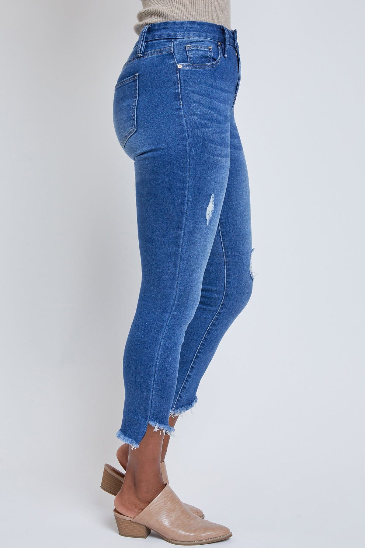 High Rise Frayed Ankle Uneven Hem Jeans