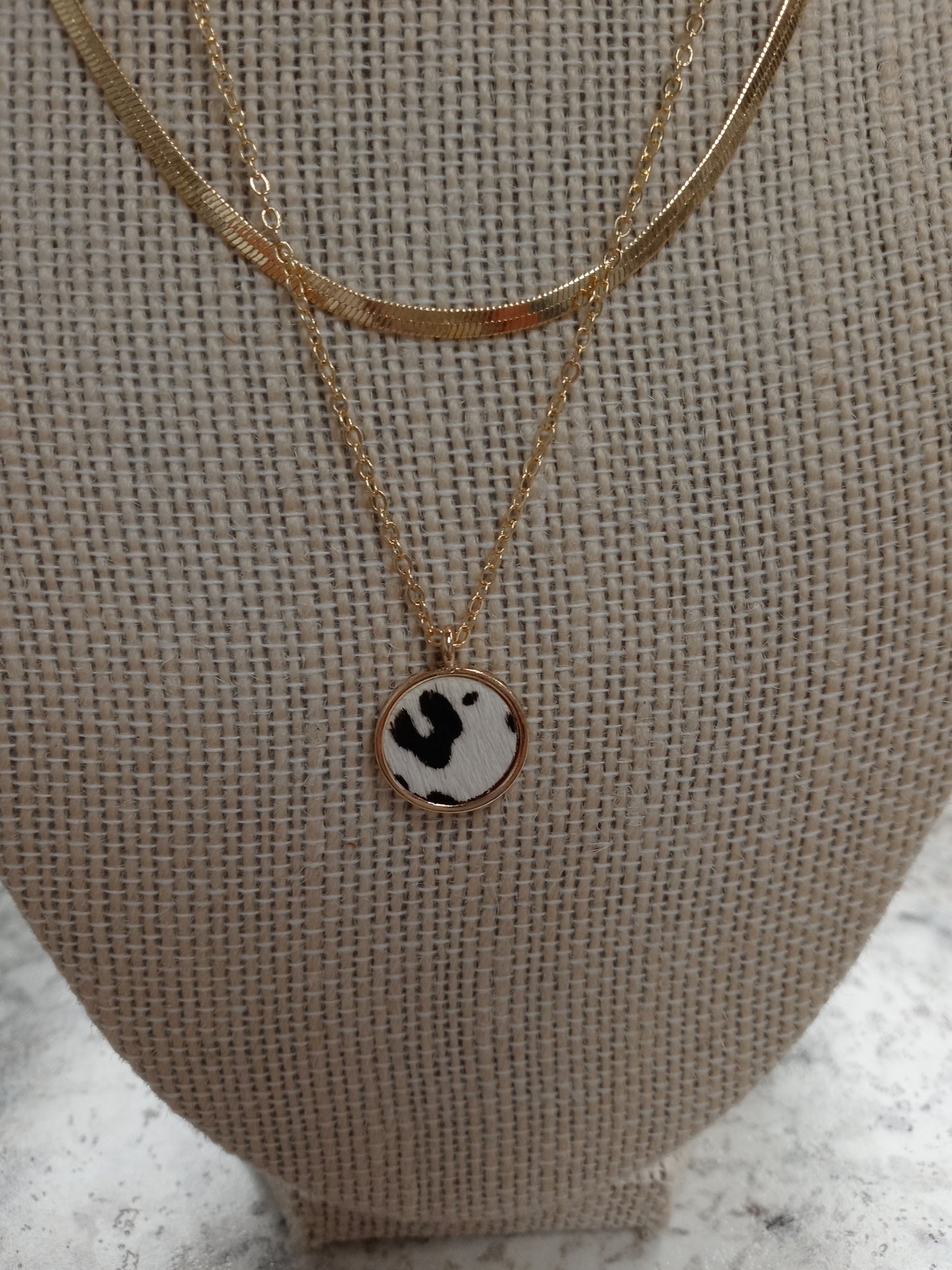 Double Gold Chain w/ Animal Print Disk Necklace