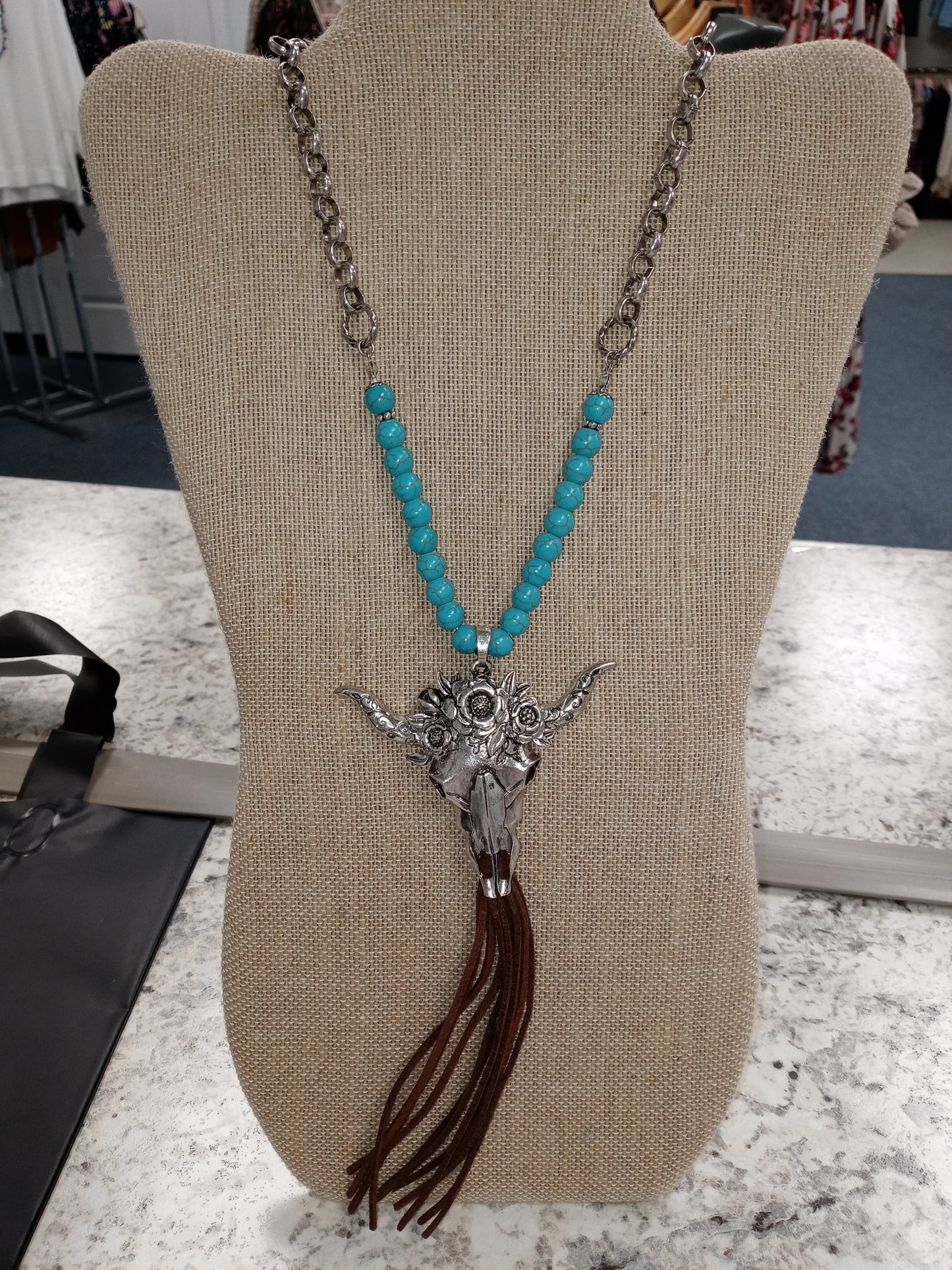 Silver Steer Skull Beaded Necklace w/ Brown Tassel