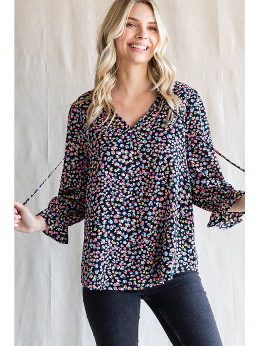 Black & Multi-color V-Neck w/ Cinched Sleeve
