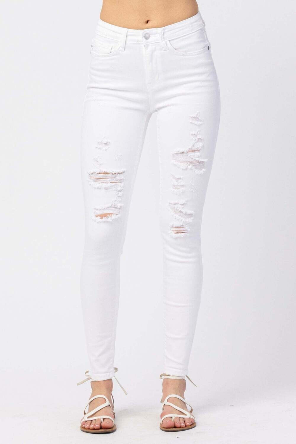 White Mid-Rise Skinny Destroyed Jeans