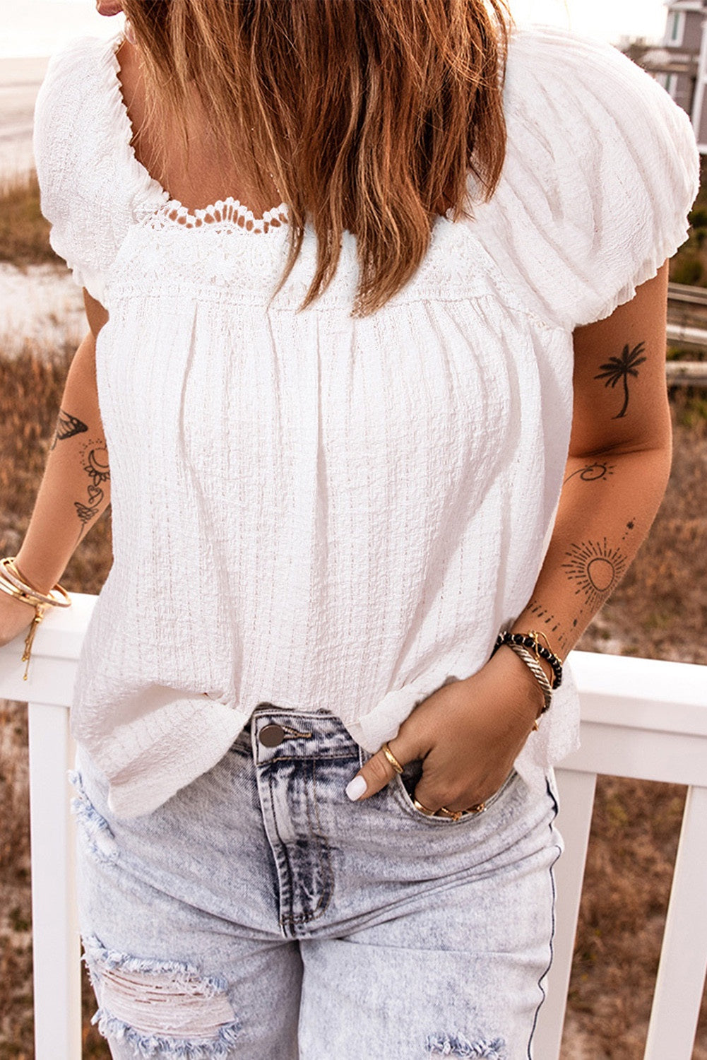 White Lace Crochet Tie Back Puff Sleeve Blouse