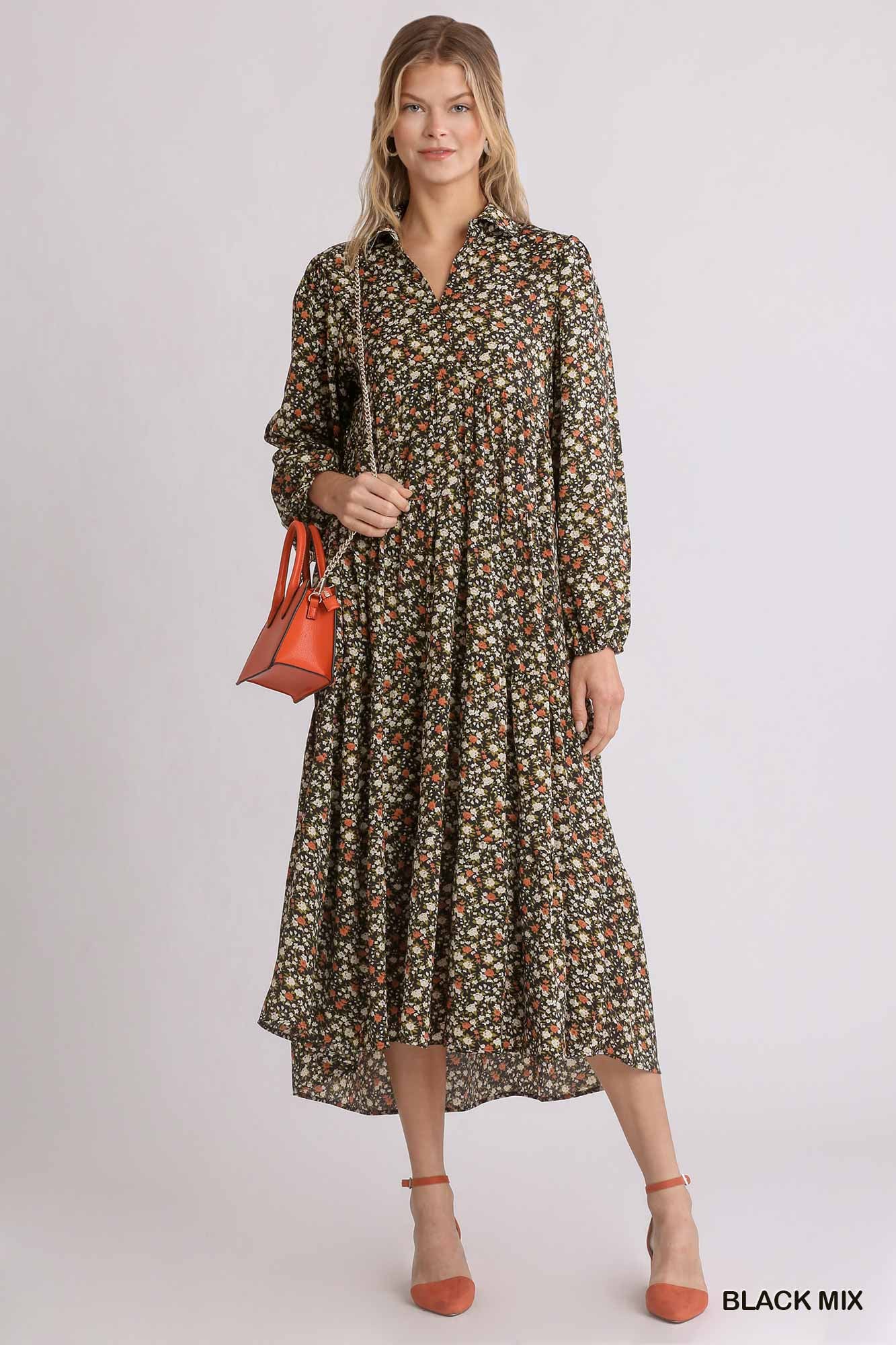 Floral Print Collar Neck Long Puff Sleeve Tiered Maxi Dress