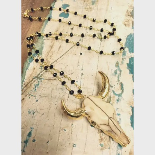 Black & Gold Chain Bullhead Skull Necklace