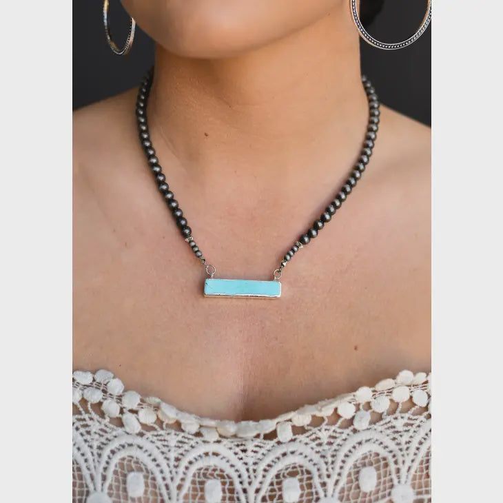 Turquoise Bar Pearl Bead Necklace