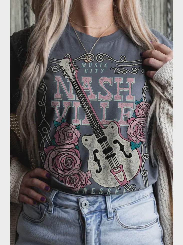 Grey & Pink Nashville Guitar Graphic Tee