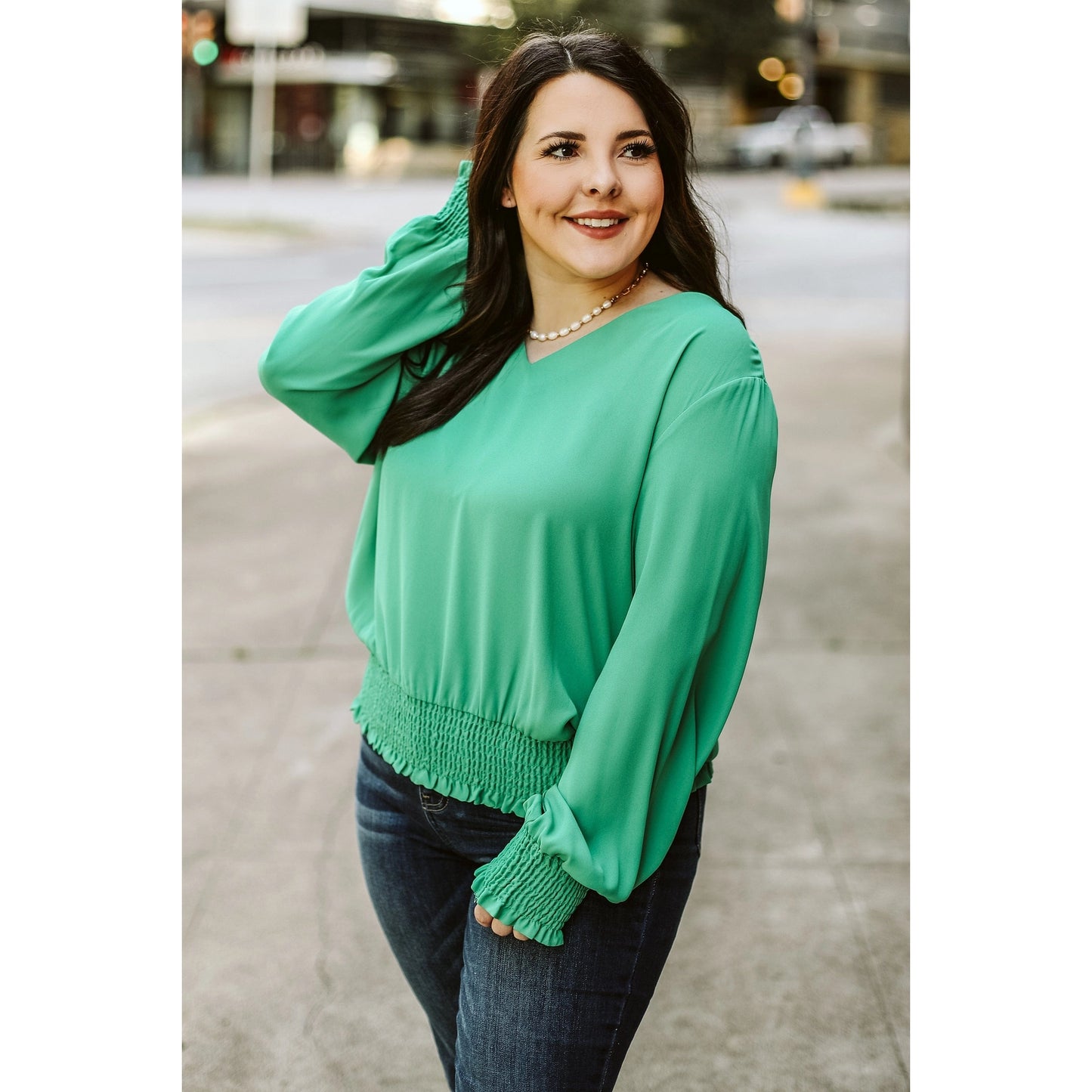 Emerald Cinched Waist & Sleeves Blouse