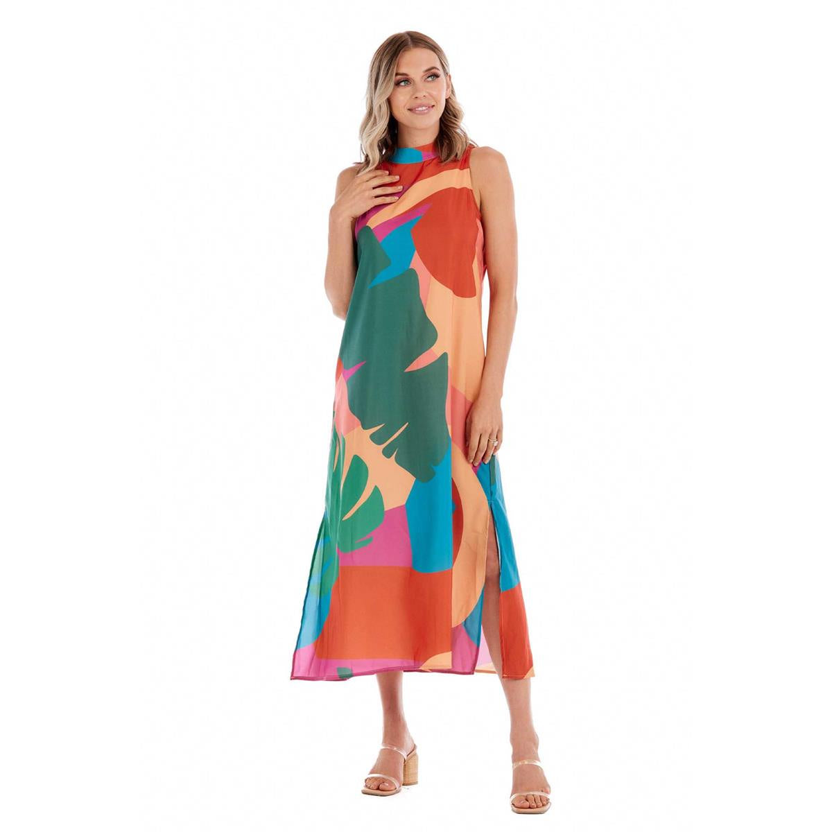 Mock Neck Multi Color Midi Dress