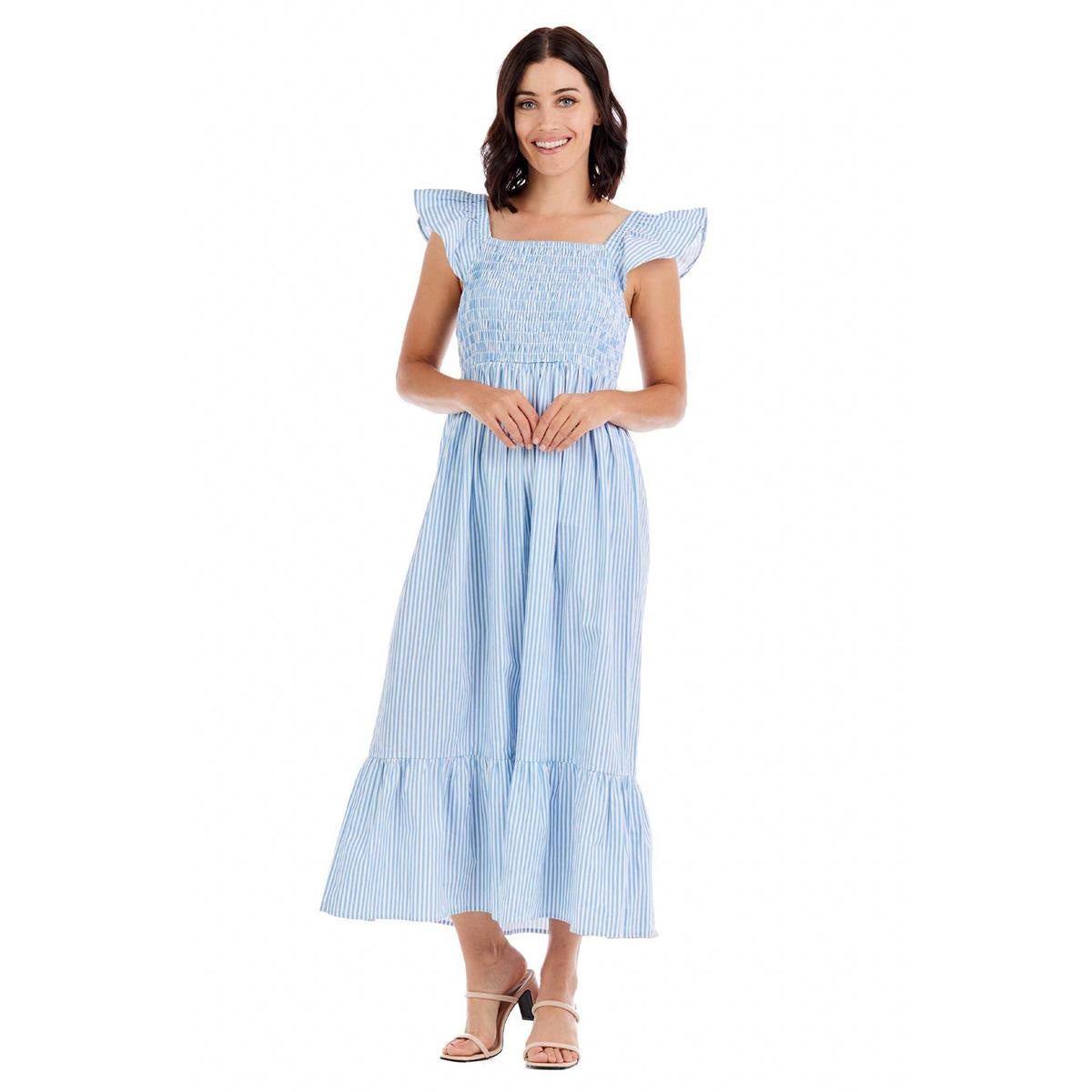 Blue & White Smocked Maxi Dress