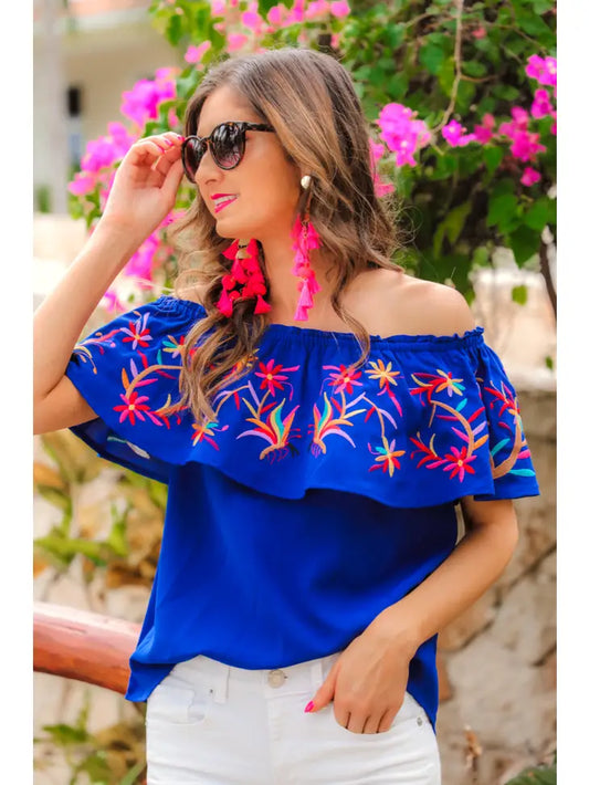 Blue Embroidered Off-Shoulder Blouse