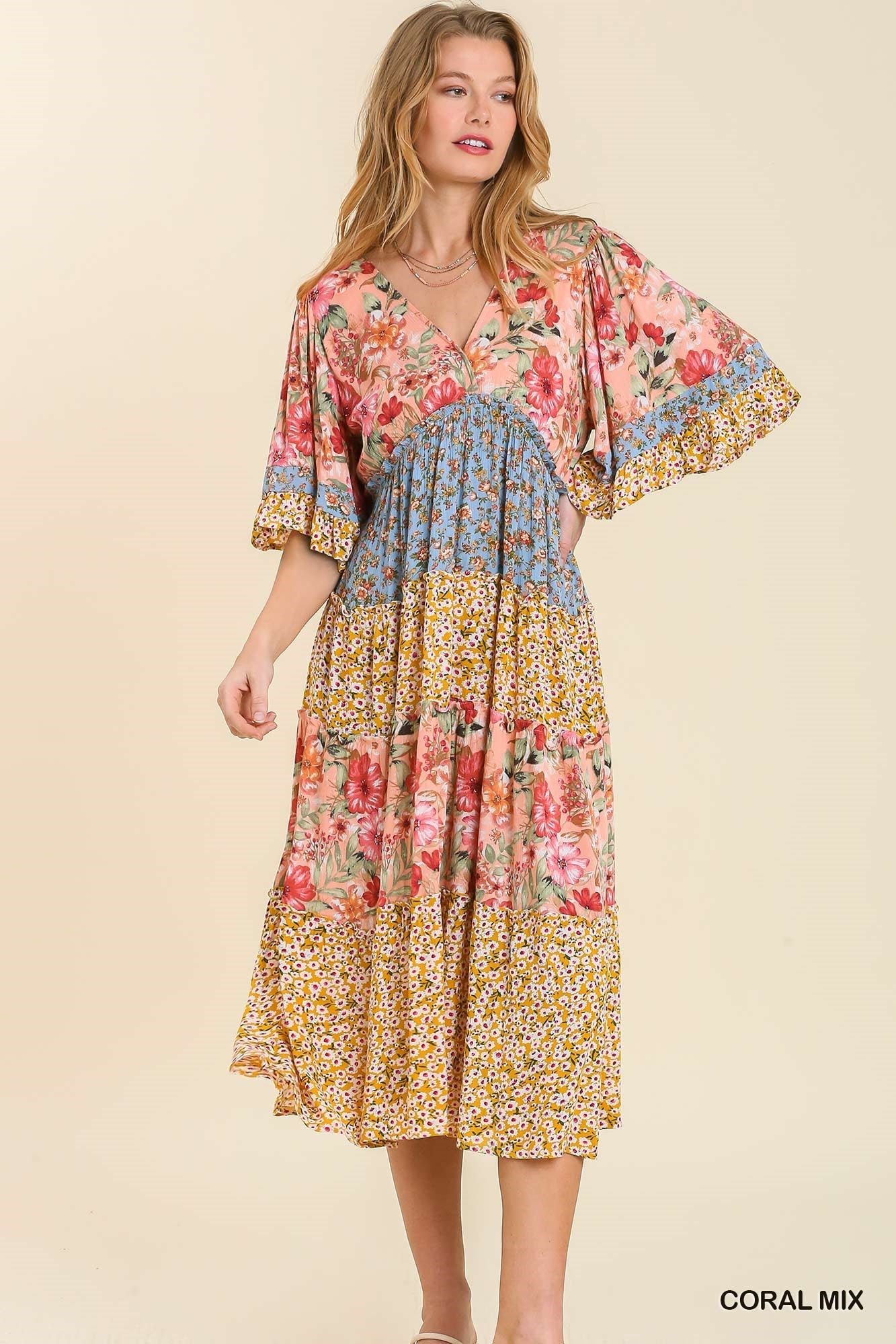 Mixed Floral V-Neck Cinched Waist Midi Dress
