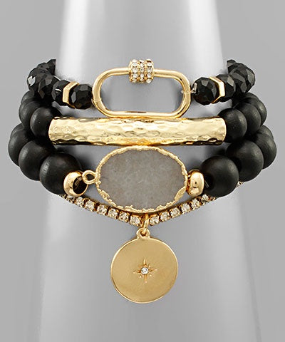 Black & Gold Druzy Stone Bracelet Set