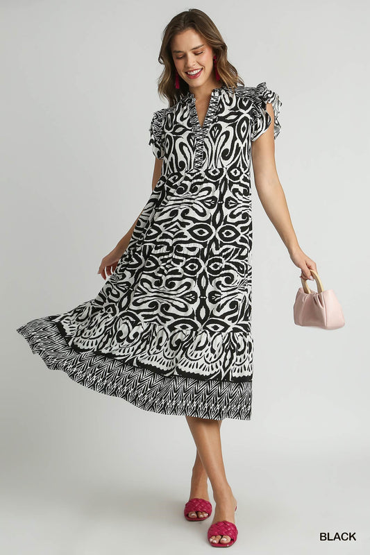 Black & White Printed Midi Dress w/ Ruffle Sleeves