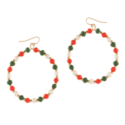 Red Green & White Bead Hoop Earrings