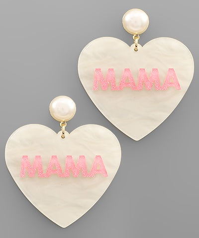 White MAMA Heart Earring